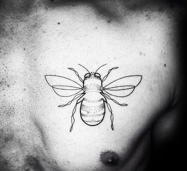 Minmalist Black Ink Outline Male Chest Bee Tattoo
