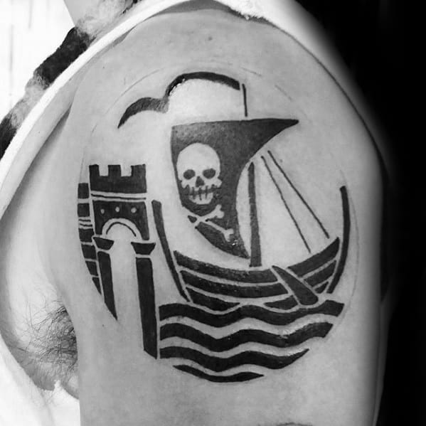 Minmalist Pirate Flag Guys Shoulder Cap Tattoo