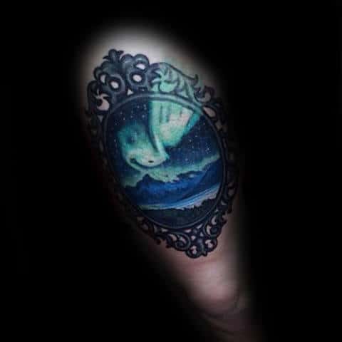 Mirror Northern Lights Mens Thigh Tattoo Design Idea Inspiration