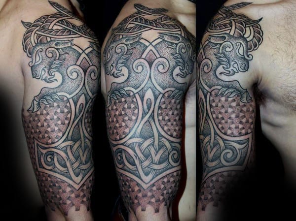 Mjolnir Dotwork Guys Pattern Half Sleeve Norse Tattoos