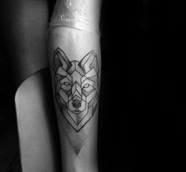 Mle With Geometric Wolf Tattoo On Inner Forearm With Dotwork Shading