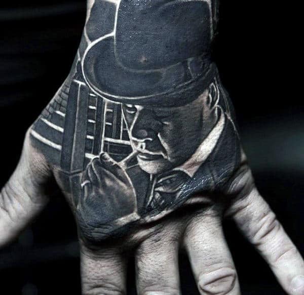 Mobster Amazing Realistic Guys Black And White Ink Hand Tattoo