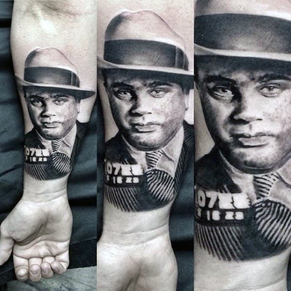 Mobster Portrait Mens Gangster Inner Forearm Tattoos