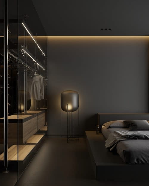Contemporary minimalist bedroom with dark tones, soft lighting, and glass wardrobe.