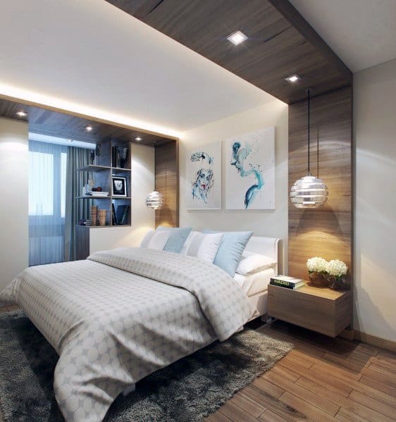 Modern bedroom featuring stylish lighting, hardwood floors, and a cozy gray rug.