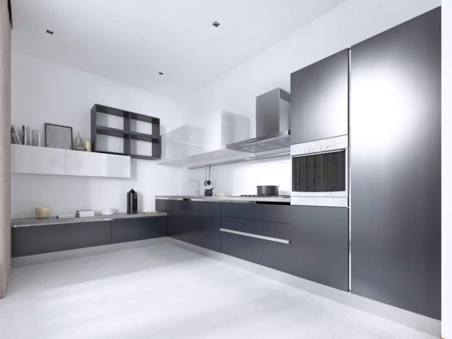 Modern kitchen with black matte cabinets, stainless steel appliances, and open shelving.