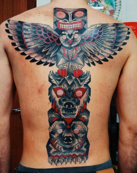 Modern Bold Totem Pole Back Piece Tattoo On Gentleman