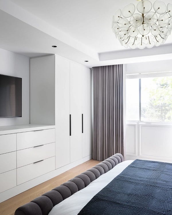 simple modern bedroom white cabinets gray curtains 