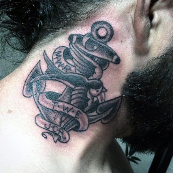 Modern Design Sparrow Anchor Tattoo Mens Neck