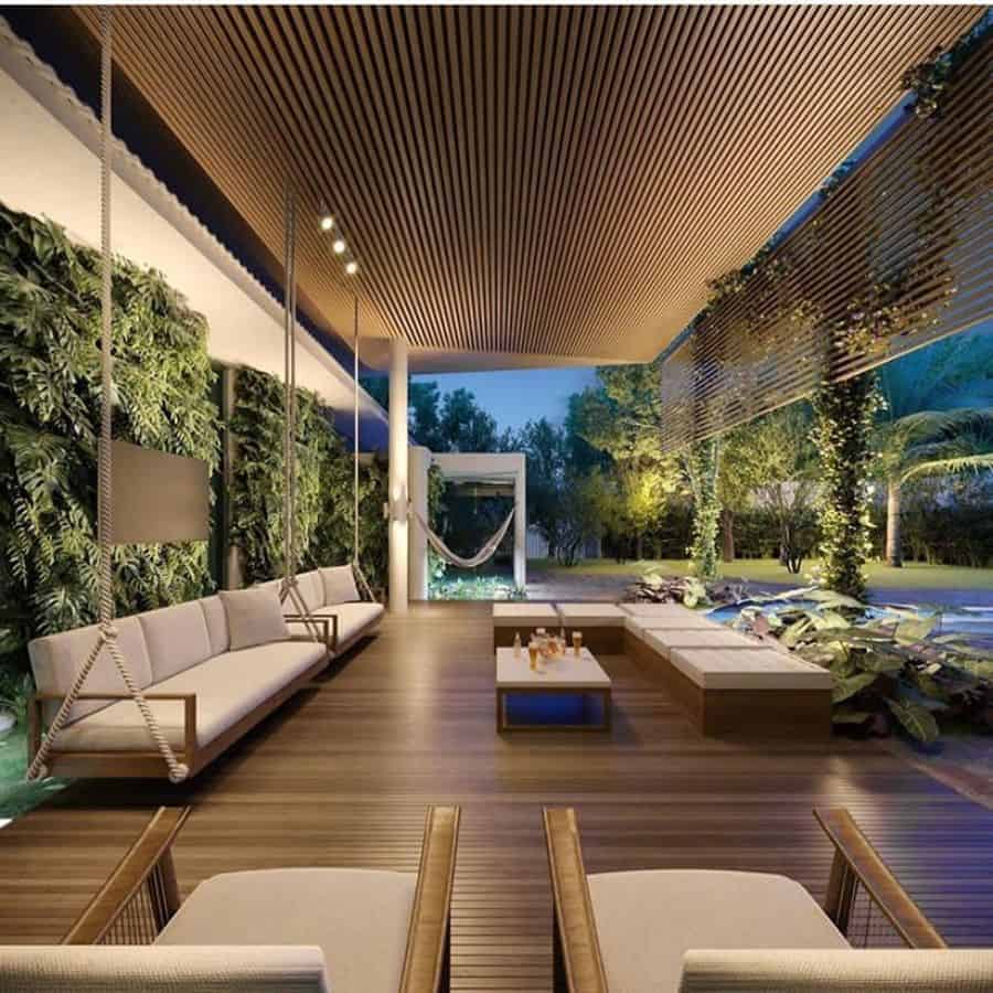modern luxury patio deck with swing sofas