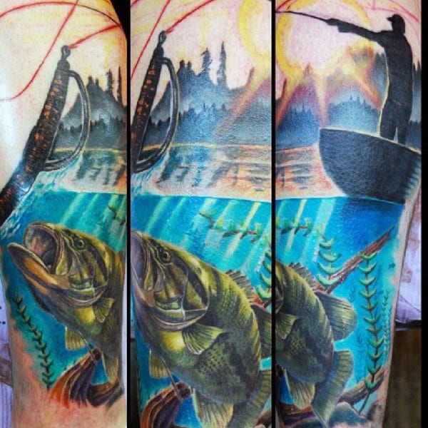 Modern Detailed Nature Bass Fishing Tattoo For Man