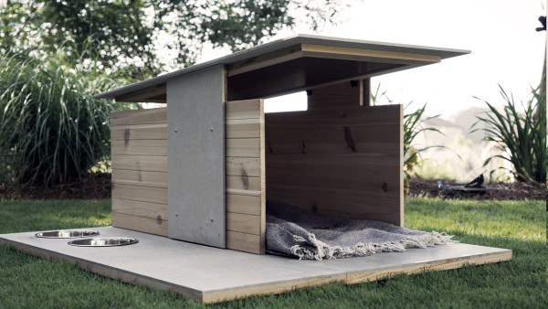 Modern wooden dog house with a flat roof