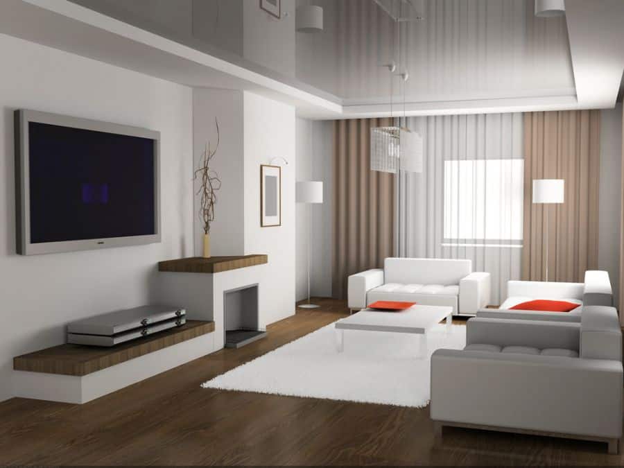 modern family room gray and white sofas wall mounted tv white floor rug hardwood floors