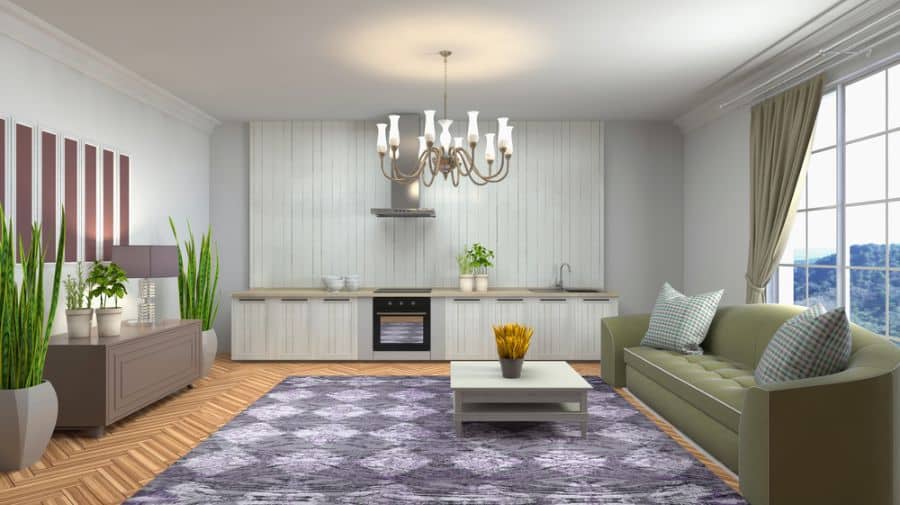 modern family room green sofa purple floor rug chandelier