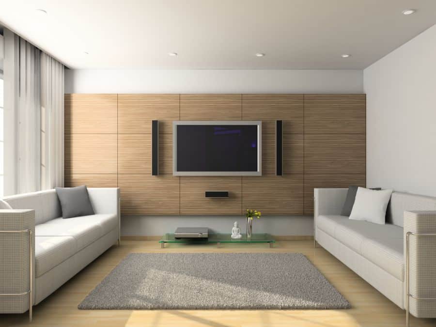 modern living room gray couches wall mounted tv