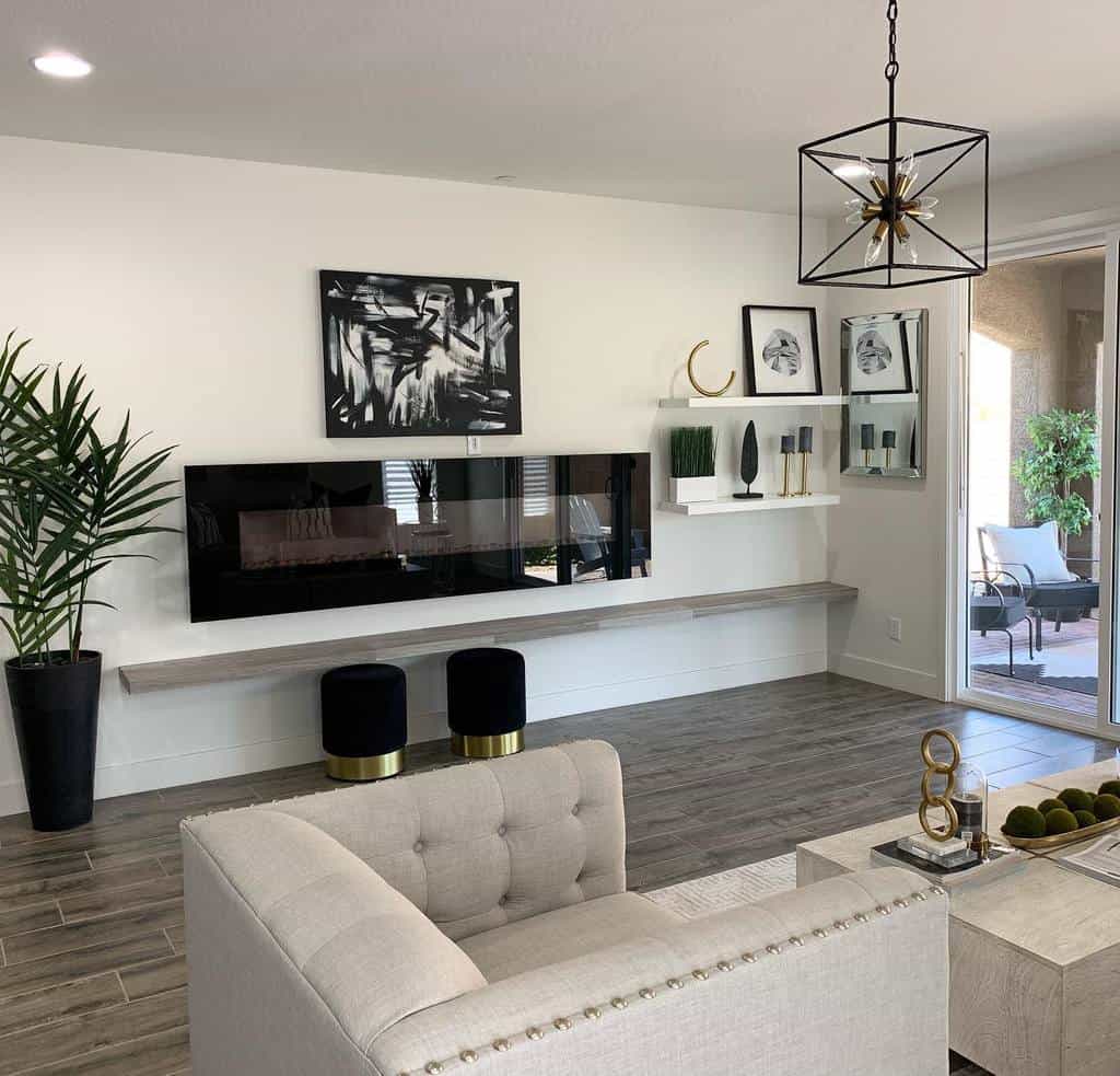 modern living room electric fireplace gray sofa chair