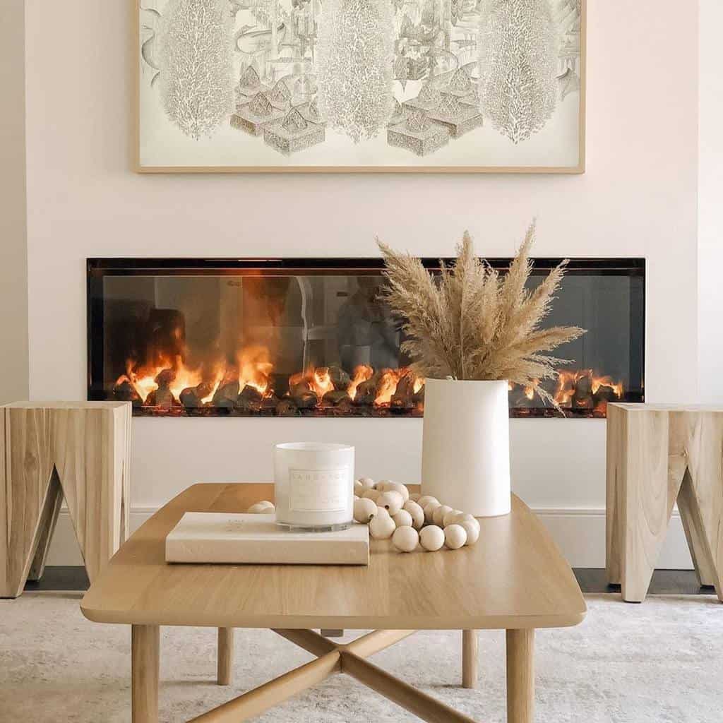 contemporary living room electric fireplace wood coffee table