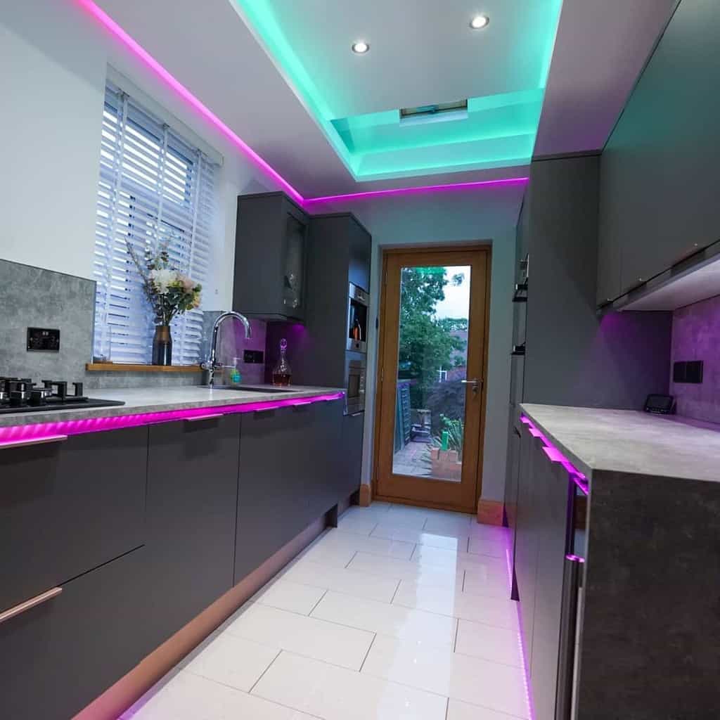 modern galley kitchen fluro led lighting gray cabinets and cupboards