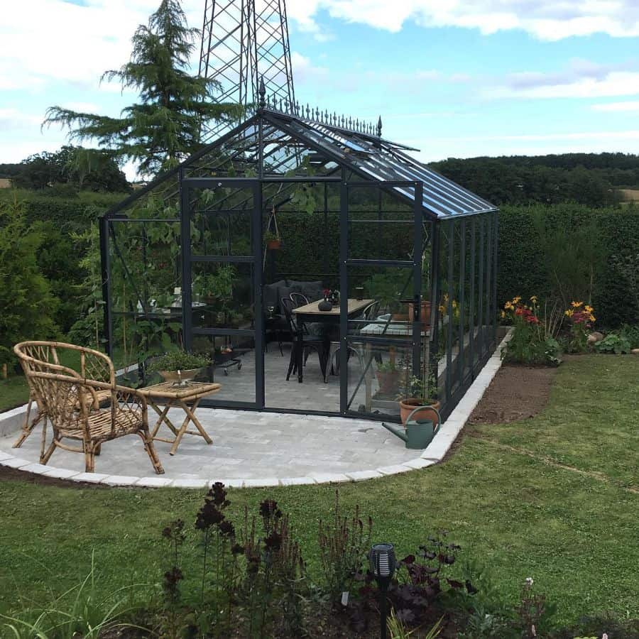 modern black frame all glass greenhouse bamboo table and chair
