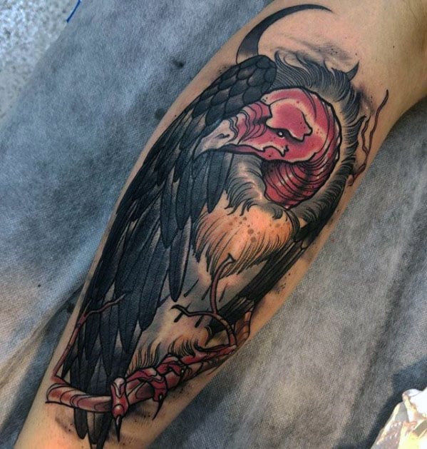 Modern Guys Vulture Back Of Leg Tattoo Designs