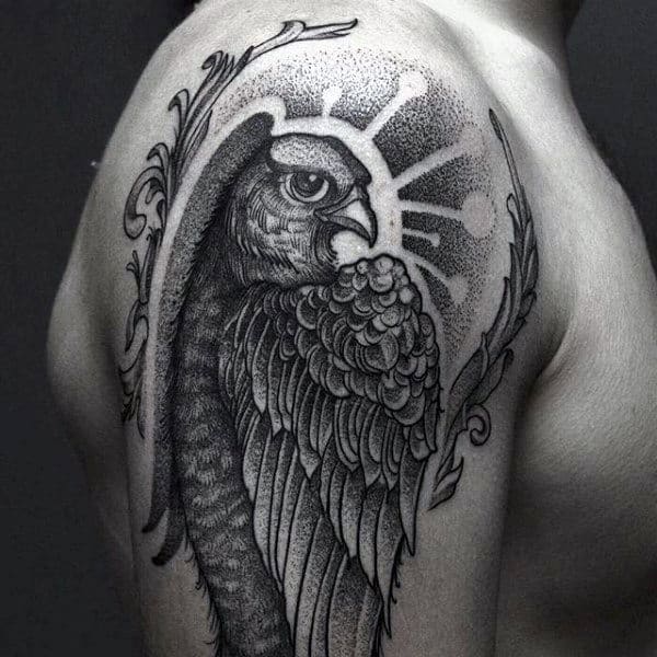 Modern Hawk Shaded Tattoo On Guys Bicep