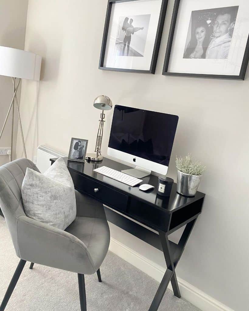simple modern home office black desk gray chair 