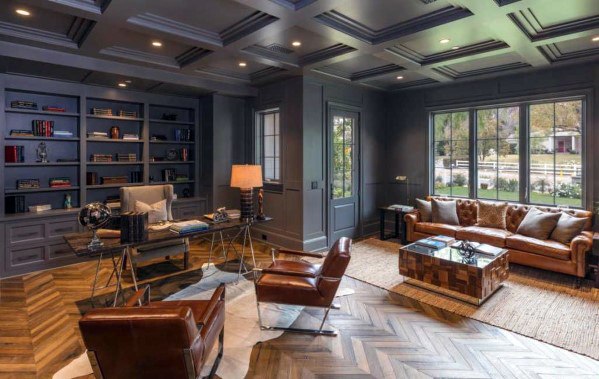 Modern Home Office Painted Grey Coffered Ceiling