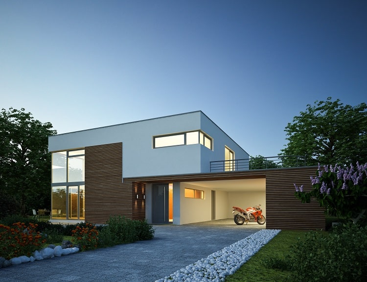 modern house with attached carport motorbike