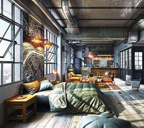 Vibrant industrial loft with exposed ductwork, wooden flooring, and a fusion of cozy bedroom and living space.