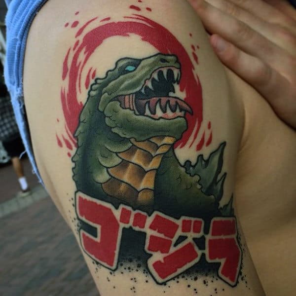 Modern Japanese Style Tattoo With Godzilla On Mans Bicep
