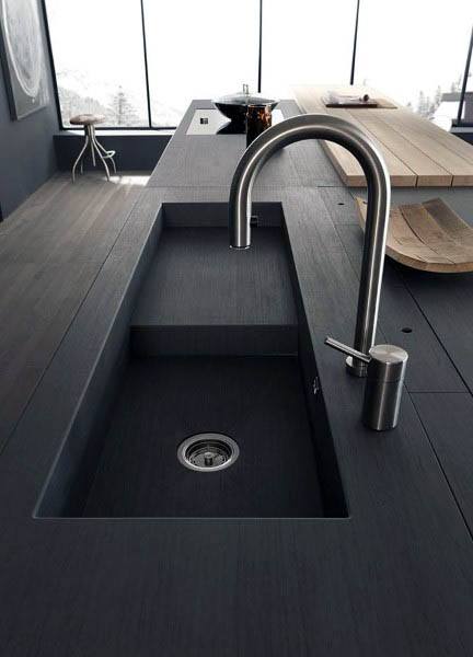 Sleek black kitchen sink with a built-in minimalist faucet and wood accents.