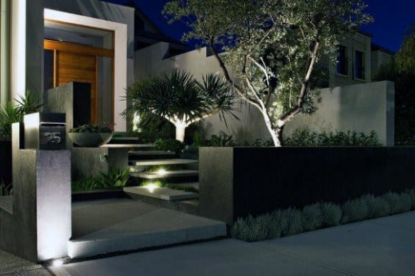Modern front yard with illuminated steps, sleek planters, and minimalist greenery at night.