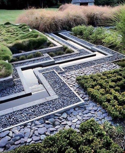 Contemporary garden with geometric water features, pebbles, lush greenery, and ornamental grass.
