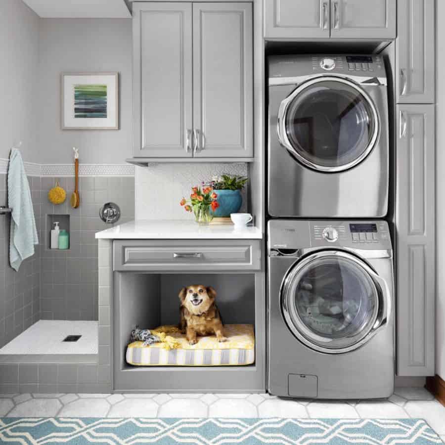 modern gray cabinet laundry room dog bed stacked washer and dryer