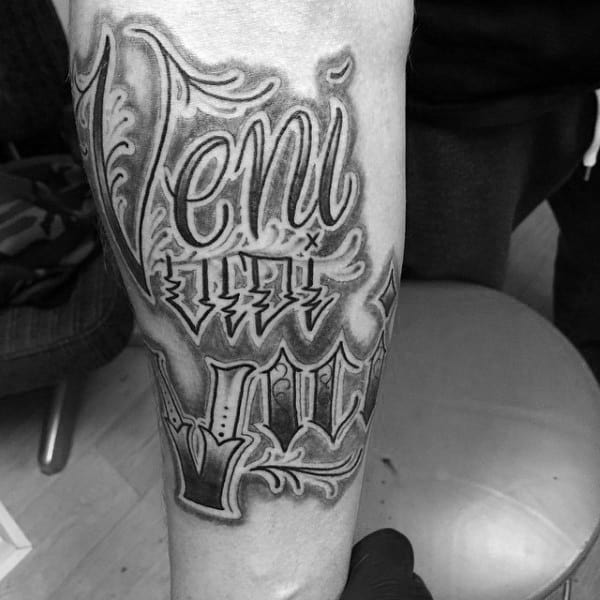 Modern Lettering Veni Vidi Vici Forearm Guys Tattoos
