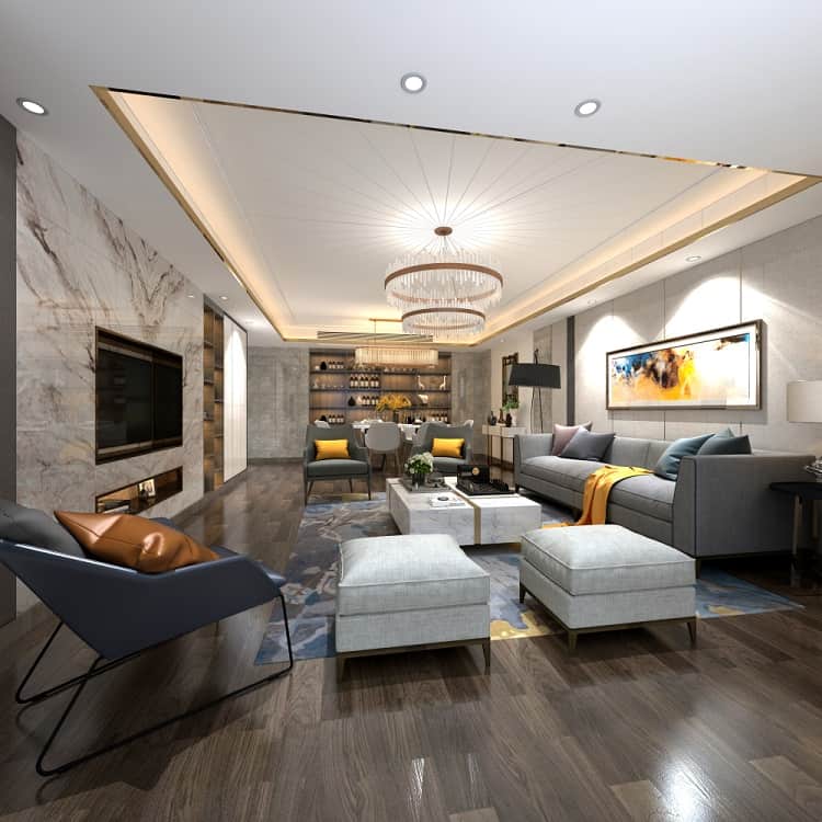 The ceiling features modern cove lighting with a geometric design, complemented by a statement chandelier, creating an elegant and luxurious atmosphere in the living room