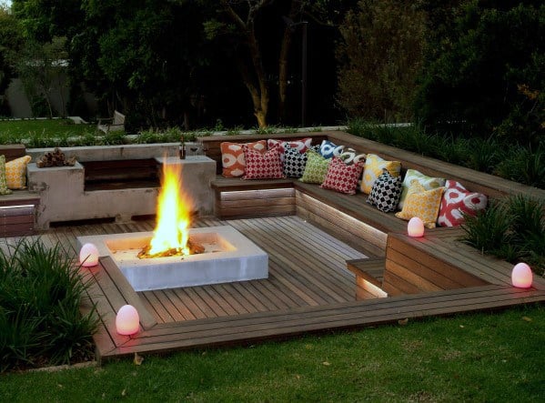 minimalist concrete box deck firepit