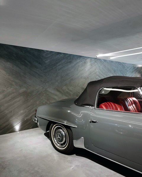 luxury wood panel wall polished concrete flooring 