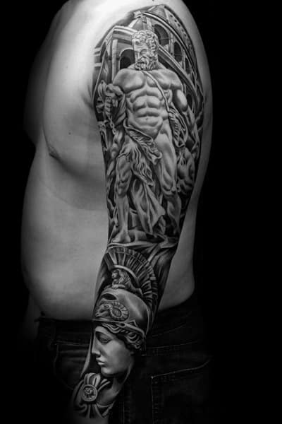 Full-sleeve Greek mythology tattoo in black and grey realism featuring a powerful godlike figure above and Athena below with a serene gaze