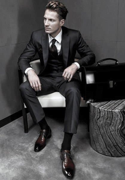 Modern Male Black Suit Styles With Dark Brown Dress Shoes