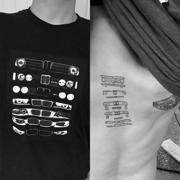 Minimalist BMW front grille evolution tattoo on ribs, featuring fine line work depicting iconic BMW designs over the years.
