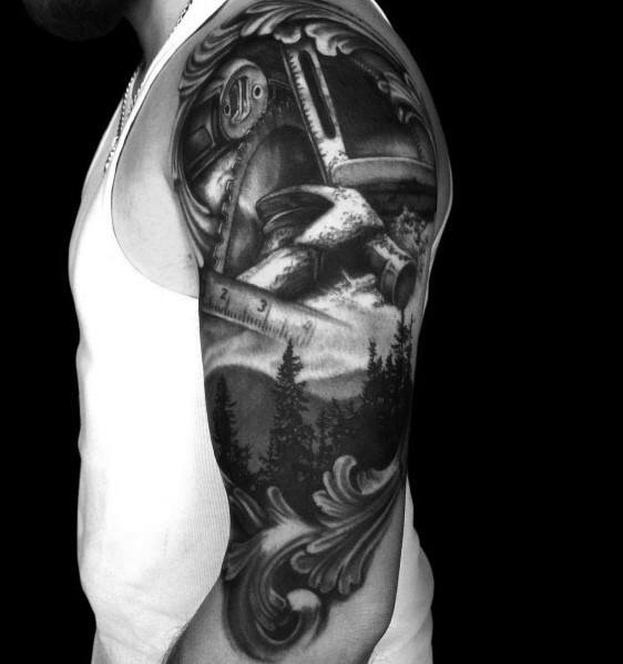 Detailed black and gray tattoo sleeve featuring a hammer, ruler, and saw with a forest landscape, symbolizing craftsmanship and nature.
