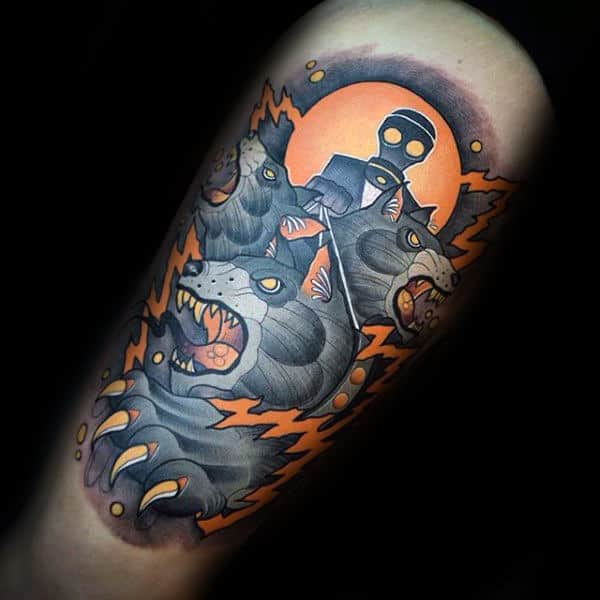 Modern Male Cerberus Thigh Tattoo Designs
