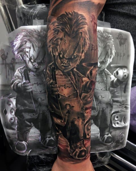 Black and grey Chucky tattoo with intense shading, featuring his sinister expression, stitched face, and eerie background elements for a haunting horror design.