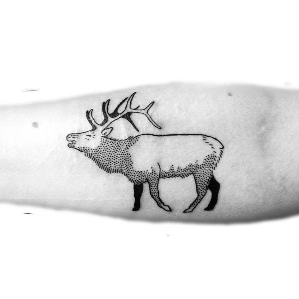 Minimalist black ink elk tattoo on the forearm, featuring fine linework and dot shading for a simple yet artistic design.