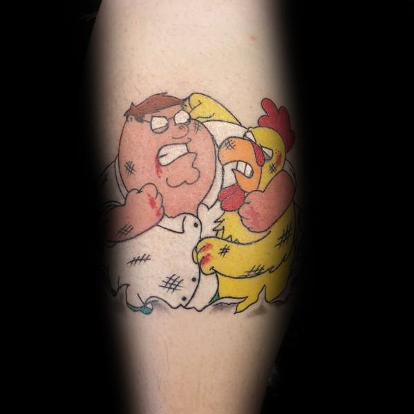 Tattoo of Peter Griffin and the Giant Chicken from Family Guy in a fierce brawl, both bruised and battered, capturing their iconic rivalry.