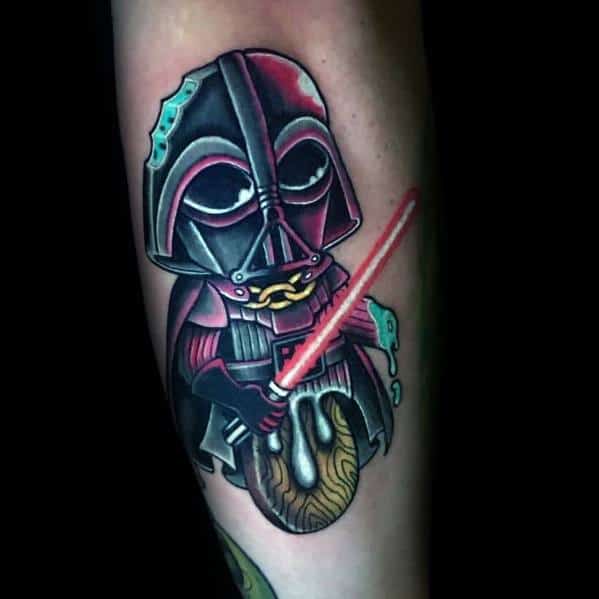 Tattoo of a chibi-style dark warrior fused with a melting ice cream cone, holding a glowing red saber, blending sci-fi and playful elements.