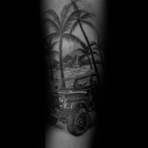 Black and grey tattoo of an off-road Jeep on a tropical beach, featuring palm trees, huts, and detailed shading for a relaxed adventure vibe.