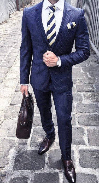 Modern Male Navy Blue Suit Brown Shoes Styles