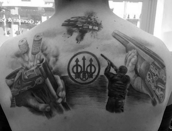 Realistic black and grey back tattoo featuring detailed shotguns, a shooter aiming, shotgun shells, and the Beretta logo, symbolizing marksmanship.